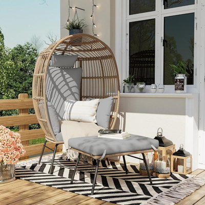 Patio Egg Chair Outdoor with Ottoman - Wicker Egg Chair Oversized Patio Lounge Chairs with Cushions, Metal Frame Stand, for Balcony, Patio, Living Room, Gery