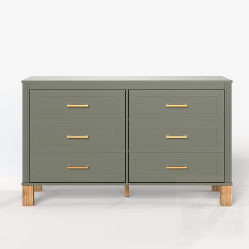 Commode double 6 tiroirs en bois robuste, Vert olive