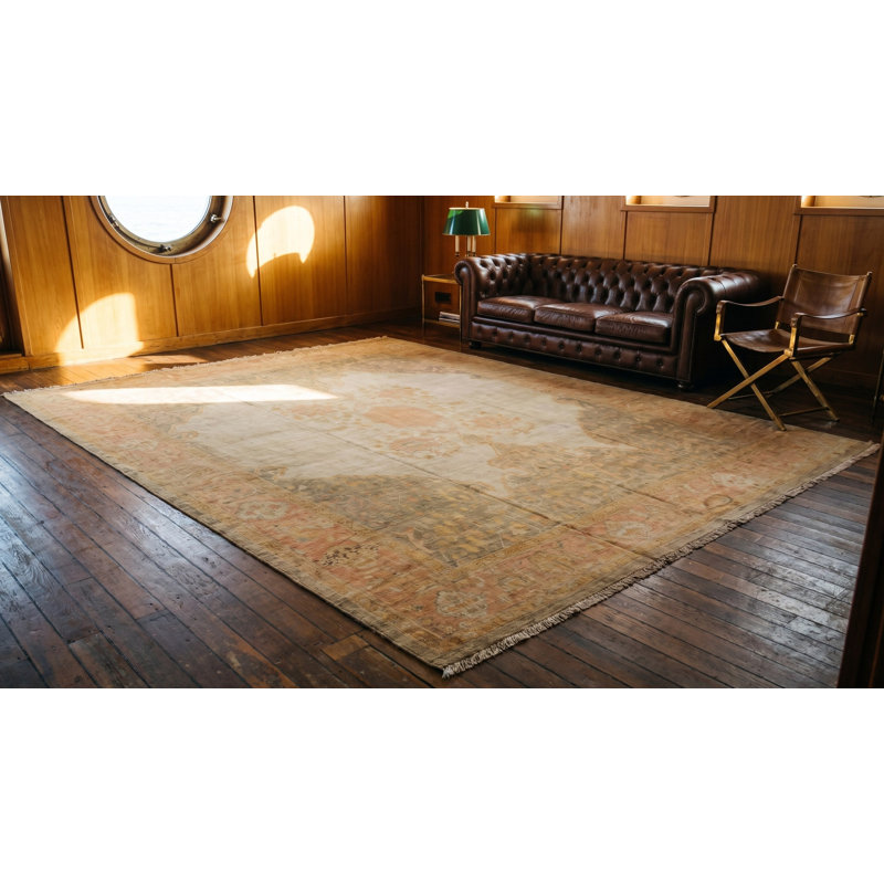 Wool Hand Knotted Pile Ivory Beige Cream White Large Floral Medallion Square Antique 1890s Rug