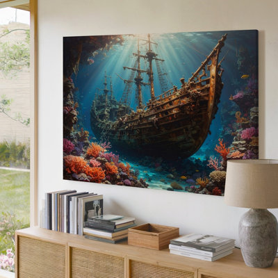 Canvas Sunken Pirate Ship Canvasmystical Underwater Shipwreck Fantasy Art Wall Art Ready To Hang Gallery Wrapped Home Decor Modern Design