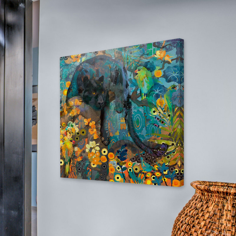 «Jaguar And Green Parrots» par Evelia, reproduction d'art sur toile tendue, H 18 po x l 18 po x P 1,5 po