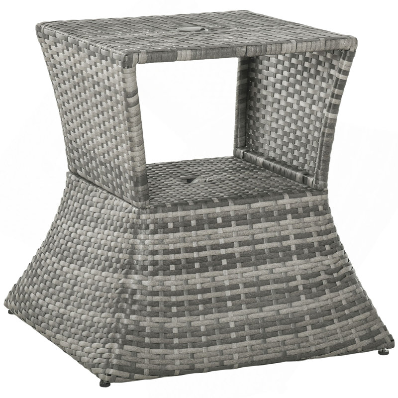 Table d'appoint en osier de rotin avec trou pour parasol, tablette de rangement à 2 niveaux pour l'extérieur, le patio, le jardin et la cour