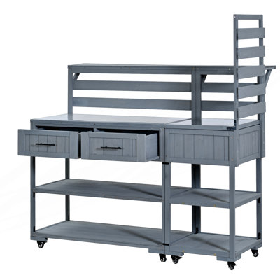 Îlot de cuisine pour patio, chariot de cuisine avec plateau en acier inoxydable, banc de jardin avec tablette surélevée et tiroirs