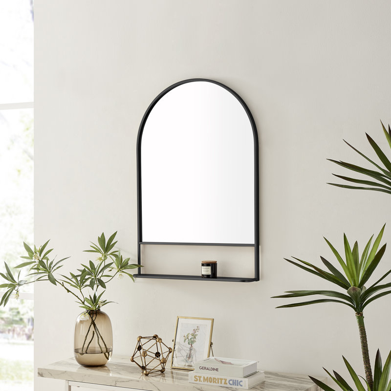 Adilena Arch Metal Frame Hallway Mirror with Storage Shelf - Bedroom Hollywood Mirror, Black