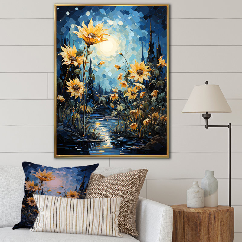 Expressionniste énergie tournesols sur toile, H 20 po x l 12 po x P 1 po, Cadre flottant doré