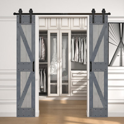 42in x 84in (21'' x 84''/ea x 2) Solid Wood Double Sliding Barn Door with Installation Hardware Kit-Assembly Required