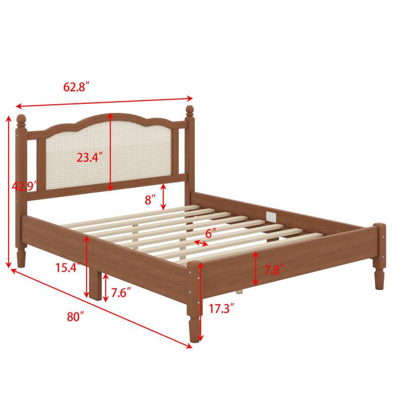 Lit plateforme en bois avec tête de lit en rotin naturel, lit plateforme avec support en lattes de bois, cadre de lit en rotin rétro