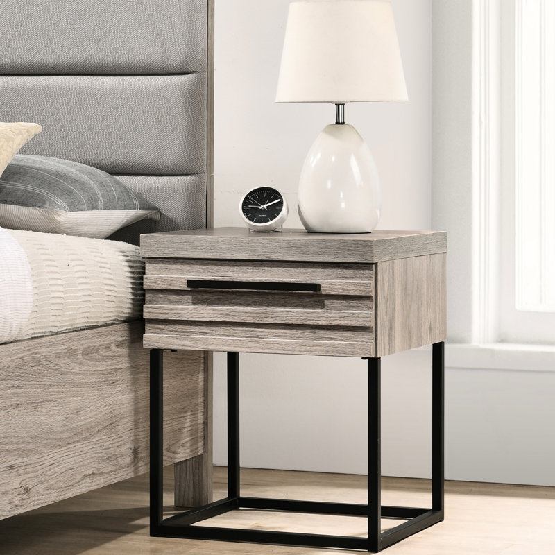 Table de chevet gris patinée pour la chambre à coucher - Base en métal avec glissières à roulement lisse avec solution de rangement à 1 tiroir