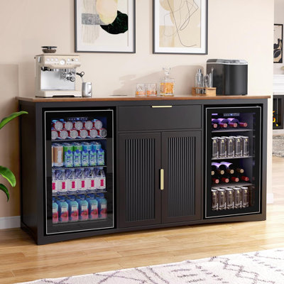 Long Coffee Bar Cabinet with Fridge Space, Modern Wine Liquor Cabinet with Storage & Power Outlet, Buffet Sideboard with Fluted Doors for Home, 70.1 I