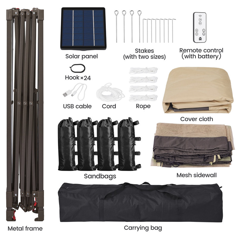 11 Ft. W x 11 Ft. D Iron Patio Gazebo with Solar LED Lights, Black, Brown