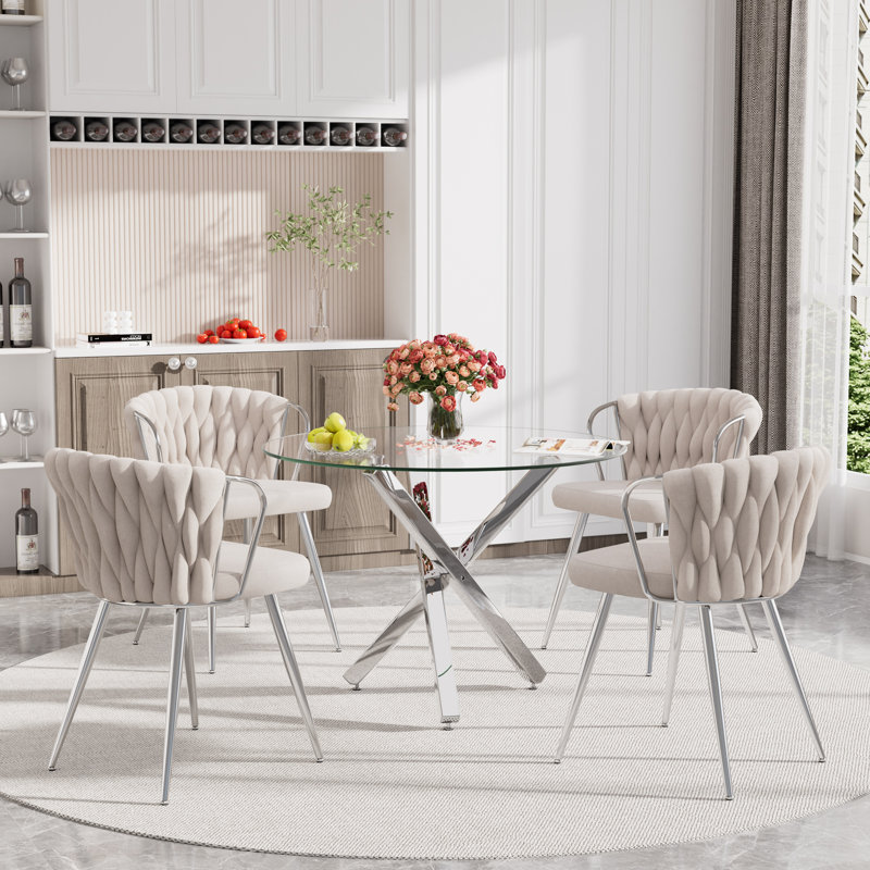 Ensemble repas rond, Beige, 5 pièces: table, 4 chaises, Argent argent