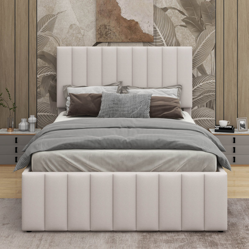 Lit plateforme double avec lit gigogne et tiroirs, Beige