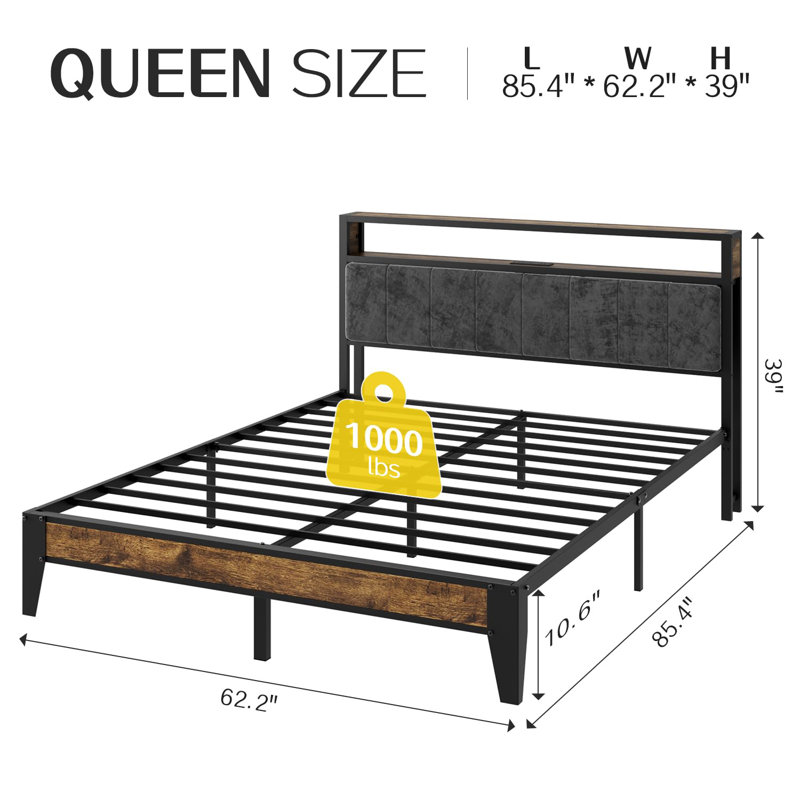 Queen Metal Platform Bed with LED Light Headboard and Storage