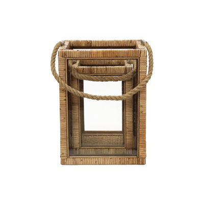 Ensemble de deux bougeoirs de table en rotin et corde en verre naturel