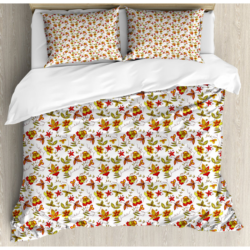 King Size Red Yellow White Floral Duvet Cover Set