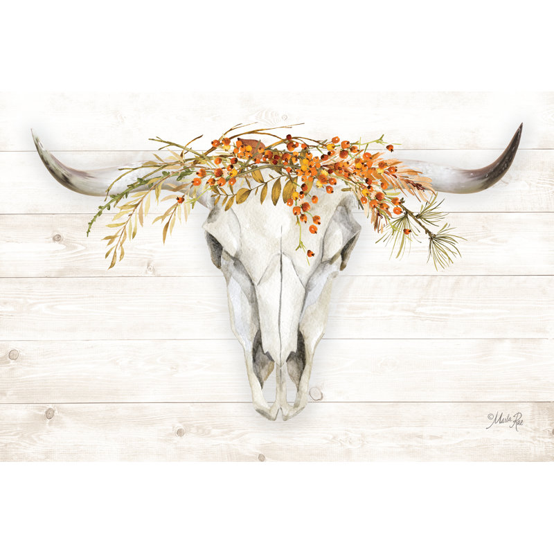 «Fall Steer Skull» par Marla Rae - reproduction, H 20 po x l 30 po, Papier avec cadre photo noyer, Oui