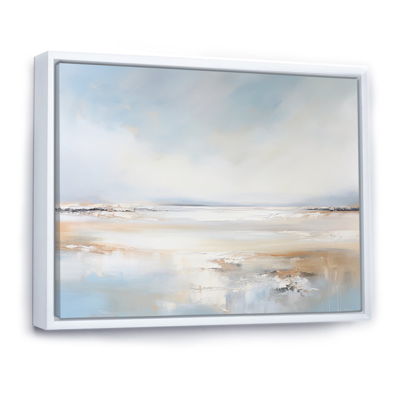«Soft Color Beach Horizon I», art mural minimaliste côtier, H 16 po x l 32 po x P 1 po, Cadre flottant blanc