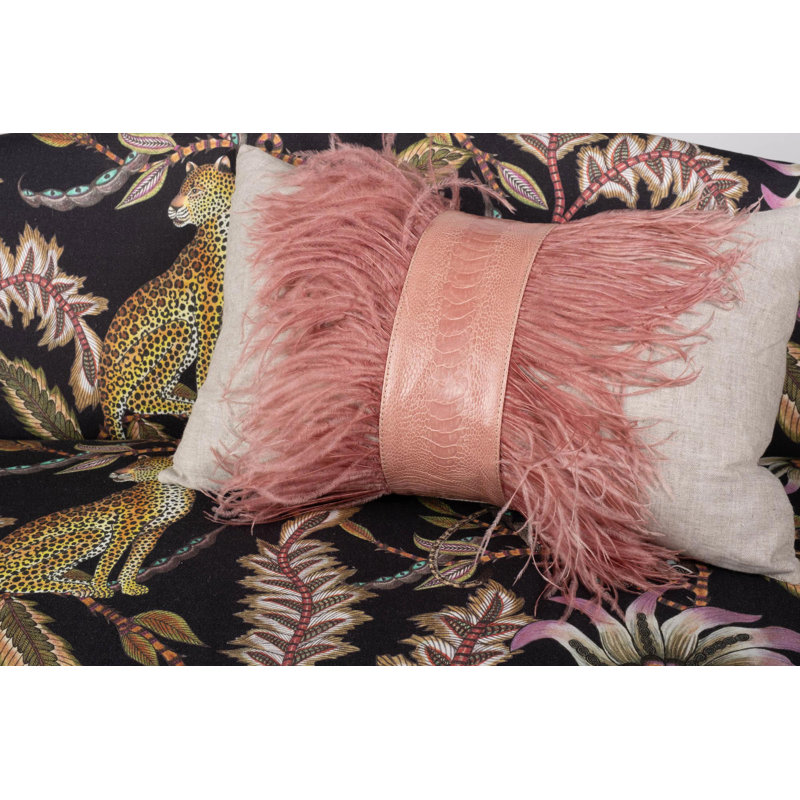 Linen Lumbar Pillow with Ostrich Feather Trim, Natural Linen/Olive Ostrich Feather