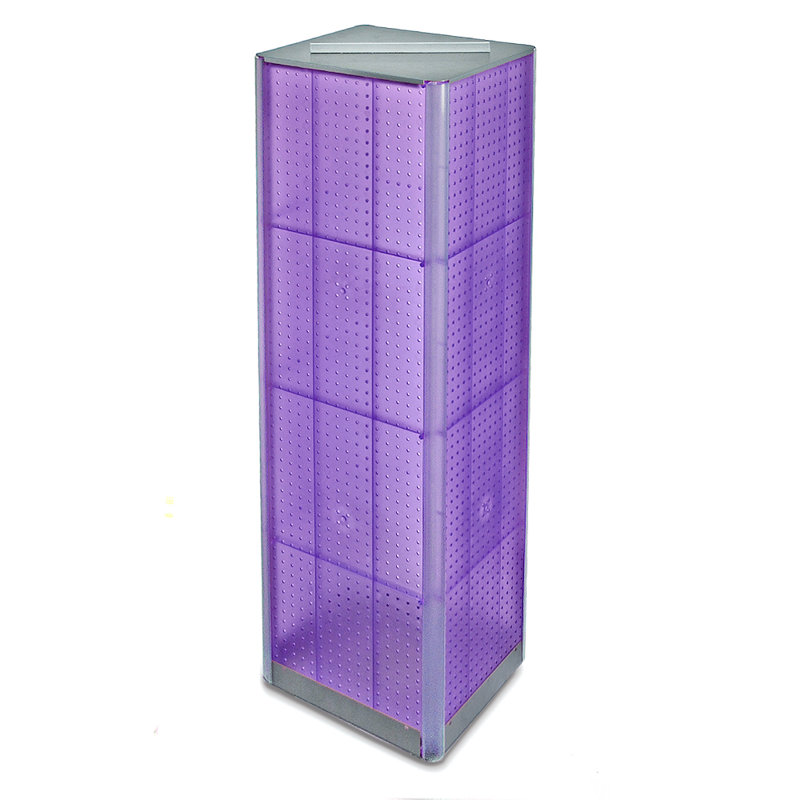 Présentoir de plancher à quatre côtés en panneau perforé sur base pivotante. Support à roulettes. Taille du panneau: l 16 po x H 60 po