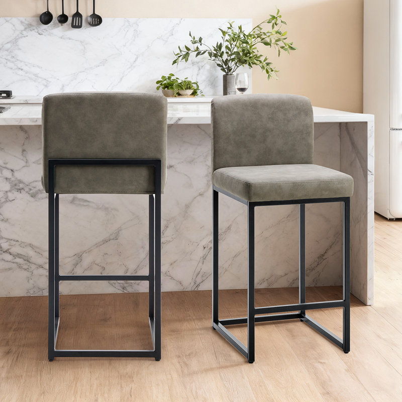 Set of 2 Modern PU Leather Bar Stools with Backrest, Comfortable Counter Stool for Kitchen & Home, Gray