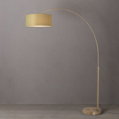 Float 92" Arc Lamp - Weathered Brass Steel, Weathered Brass Steel Base, Drum Avocado Linen Shade, Dimmable, Bulb Included