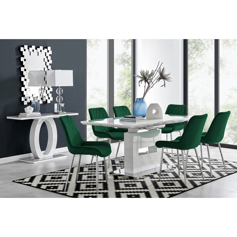 Alezzo Modern High Gloss Extendable Dining Table Set with 6 Luxury Velvet Dining Chairs, Green, Silver