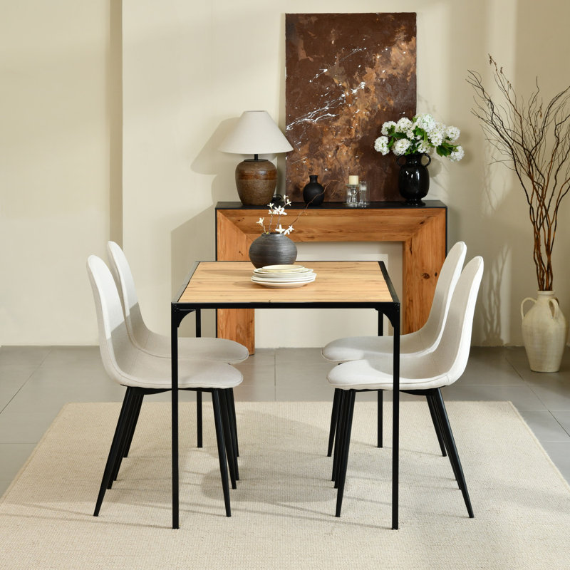 Hararat Modern 5-Piece Dining Set Rectangular Table for 4, Upholstered Chairs Dining Room Breakfast Nook, Beige/Black, Brown