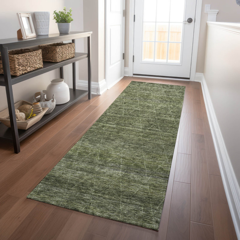 Olive Green Flat Woven Synthetic Indoor/Outdoor Runner Rug