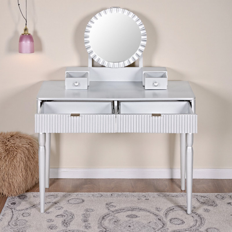 Coiffeuse de luxe avec miroir en tournesol, ensemble de bureau à hauteur réglable, 4 tiroirs de rangement et tabouret rembourré pour la chambre à coucher, argent