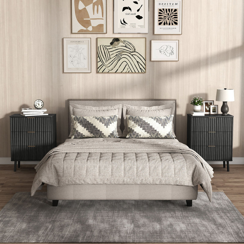 Fluted Nightstand Set of 2 Bedside Table with 3 Drawers, Set of 2, Black