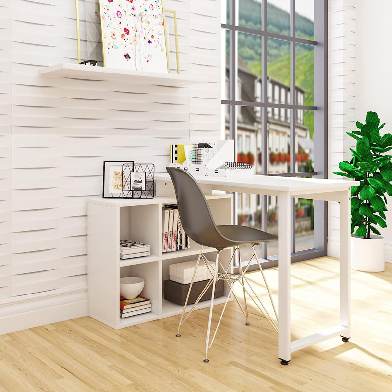 Gosia 116cm W L-Shaped Floating Desk, White/White