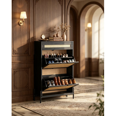 Armoire à chaussures étroite pour le vestibule, armoire de rangement à chaussures à 2 niveaux, rangement de 9,4 po pour économiser de l'espace, armoire à chaussures pour le couloir, hauteur de 40,2 po, noir