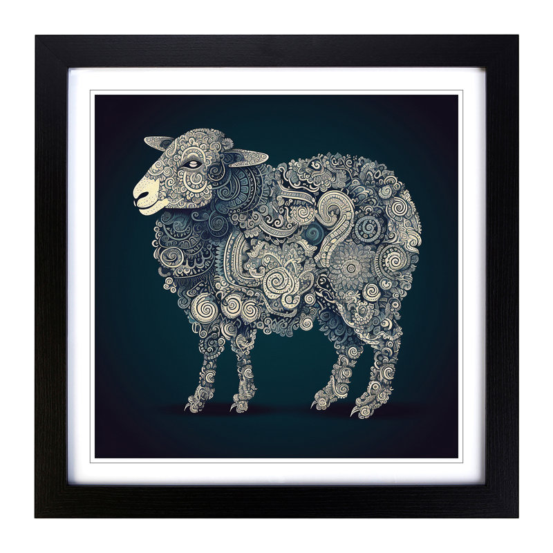 Sheep Paisley No.3 - Single Picture Frame Print on Wood, Black