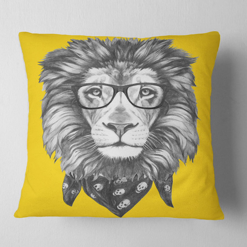 Lion avec lunettes et foulard, housse de coussin carré et insert, 18 po x 18 po, Coussin décoratif