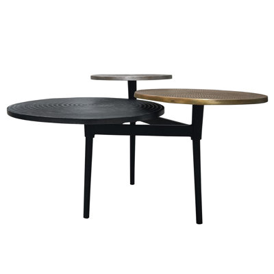 Table basse à 3 niveaux Geoff Trilogy, fabriquée à la main en noir, finition laiton antique et argent, 37 pouces
