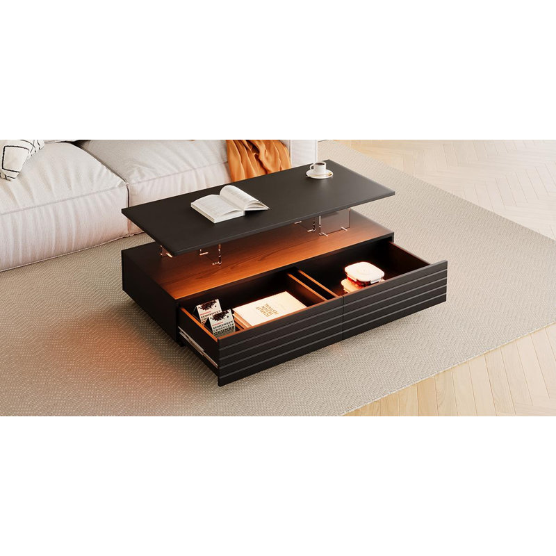 Table basse contemporaine contemporaine noire avec lumières DEL et 2 tiroirs fonctionnels