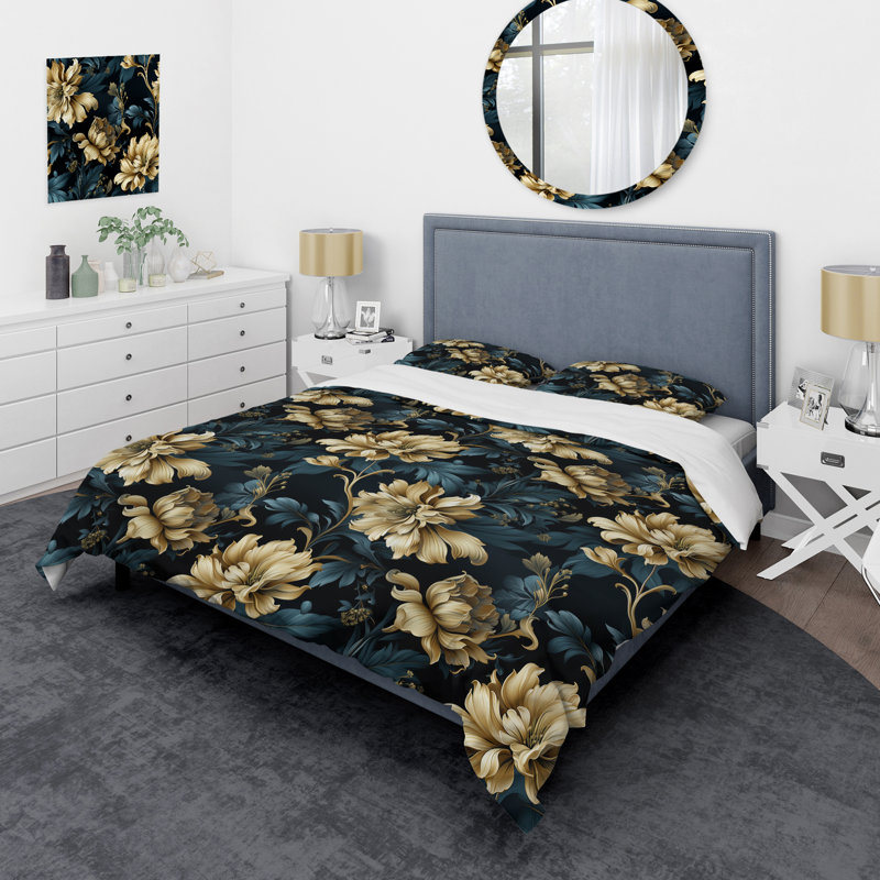 Dark Beige Flower Damask Breeze I - Damask Duvet Cover Set, Housse de couette pour très grand lit et 2 très