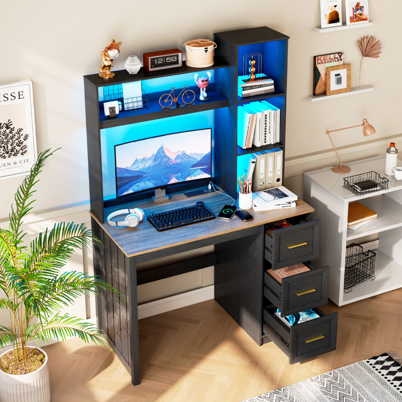 Bureau d'ordinateur à 3 tiroirs avec tablettes et éclairage DEL, Brun / Noir