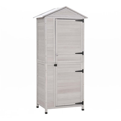 Outsunny 3 ft x 2.08 ft x 6.58 ft Wooden Storage Shed Cabinet, Outdoor Tool Shed Organizer With 4-Tier, 3 Shelves With Handle Tin Roof Magnetic Latch Foot Pad, Light Grey