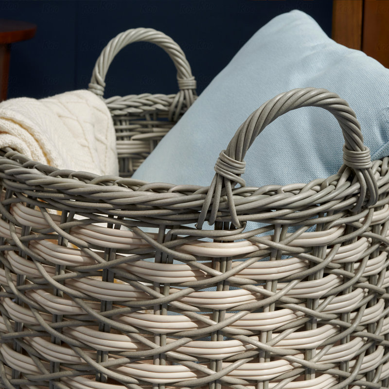 Panier de rangement rond en résine tressée multiusage avec poignées