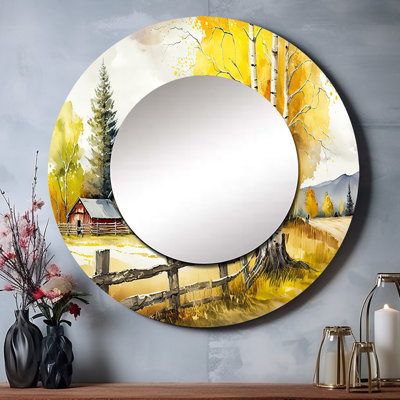 Oistin Curch On A Lake In Winter I - miroir décoratif de paysage, miroir mural rond bleu, impression d'art en métal