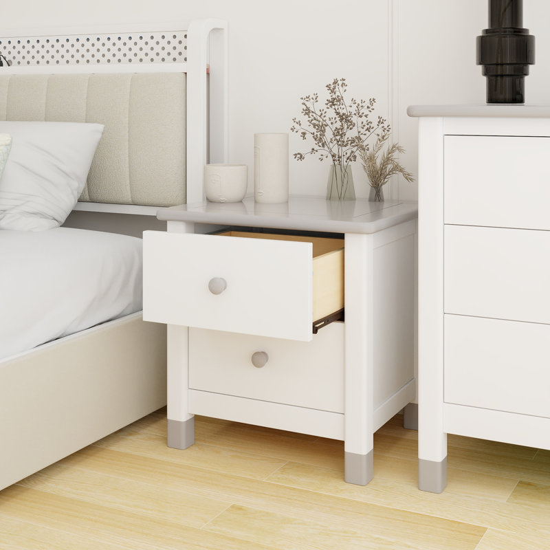 Table de chevet 2 tiroirs Abbegail, Blanc / gris