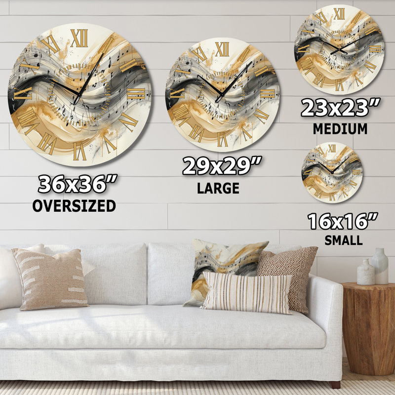 Notes sur un bâton fluide - Horloge murale silencieuse en métal beige rétro, Surdimensionné