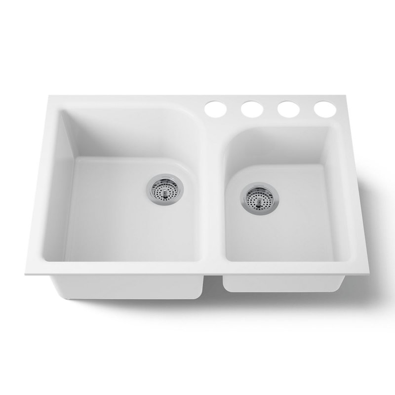 Executive Chef 33" L x 22" W Undermount Kitchen Sink with 4 Oversize Faucet Holes, White
