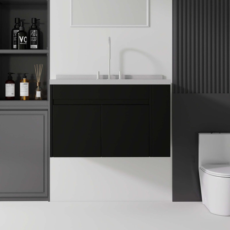 Meuble-lavabo flottant avec comptoir en marbre de culture et lavabo à débordement, Black