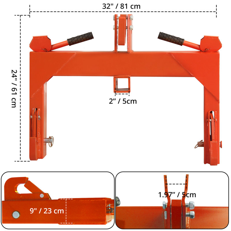 Adaptateur d'attache rapide 3 points 3000lbs pour les tracteurs des catégories 1 et 2 - Système d'attache rapide - 2 Récepteurs - Boulon réglable à 5 niveaux - Largeur du bras inférieur de 27,5 po, ajustement de 14,5 po à 17,5 po - Orange