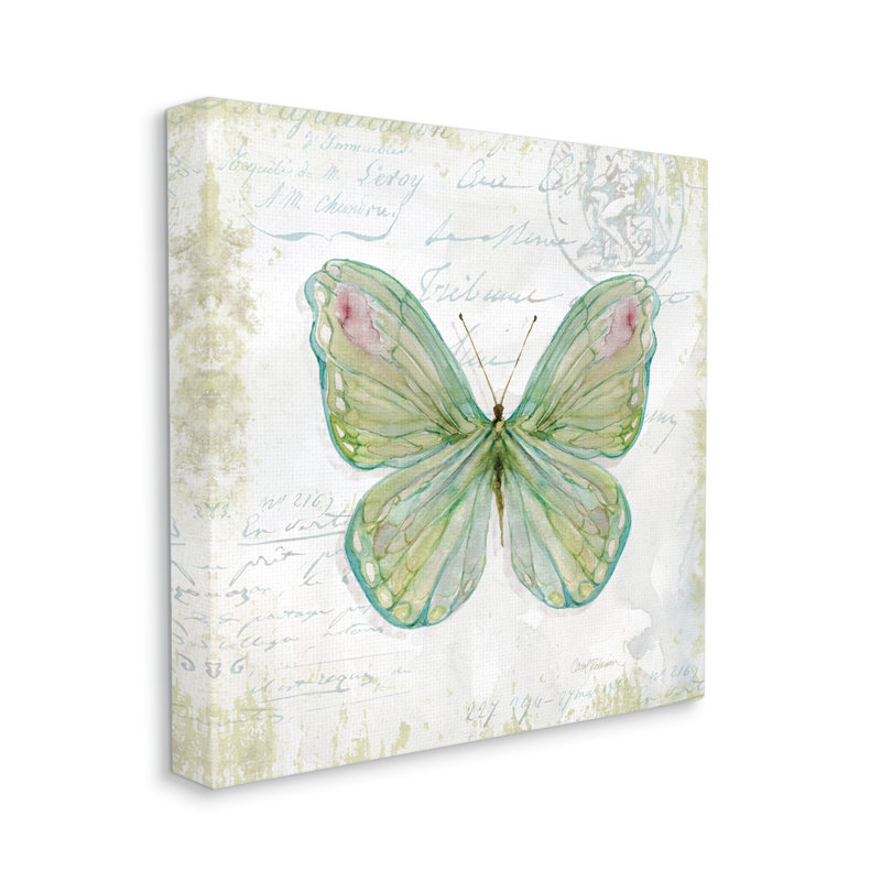 Papillon antique, insecte, charme rétro, écriture grise, ferme rustique, giclée, art texturé par Carol Robinson, Toile tendue