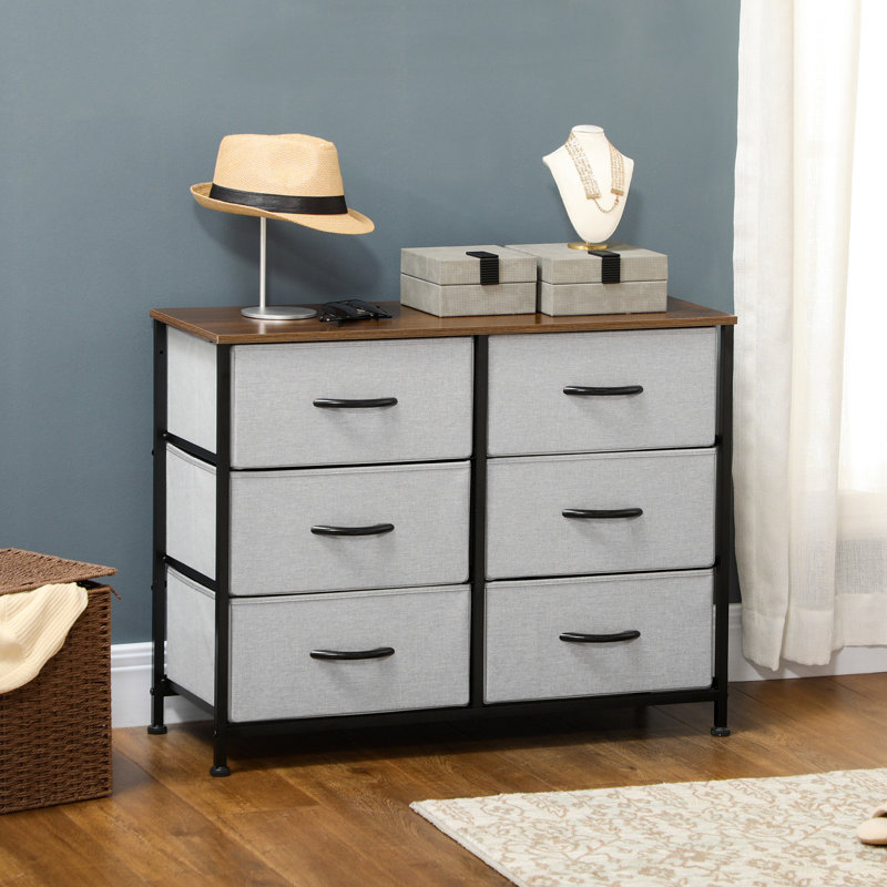 Commode 6 tiroirs, commode en tissu pour chambre à coucher, gris