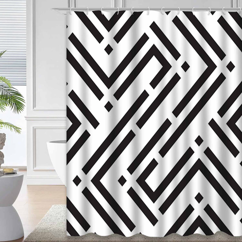 Rideau de douche abstrait à motif géométrique noir et blanc abstrait avec 12 crochets, L 72 po x l 78 po