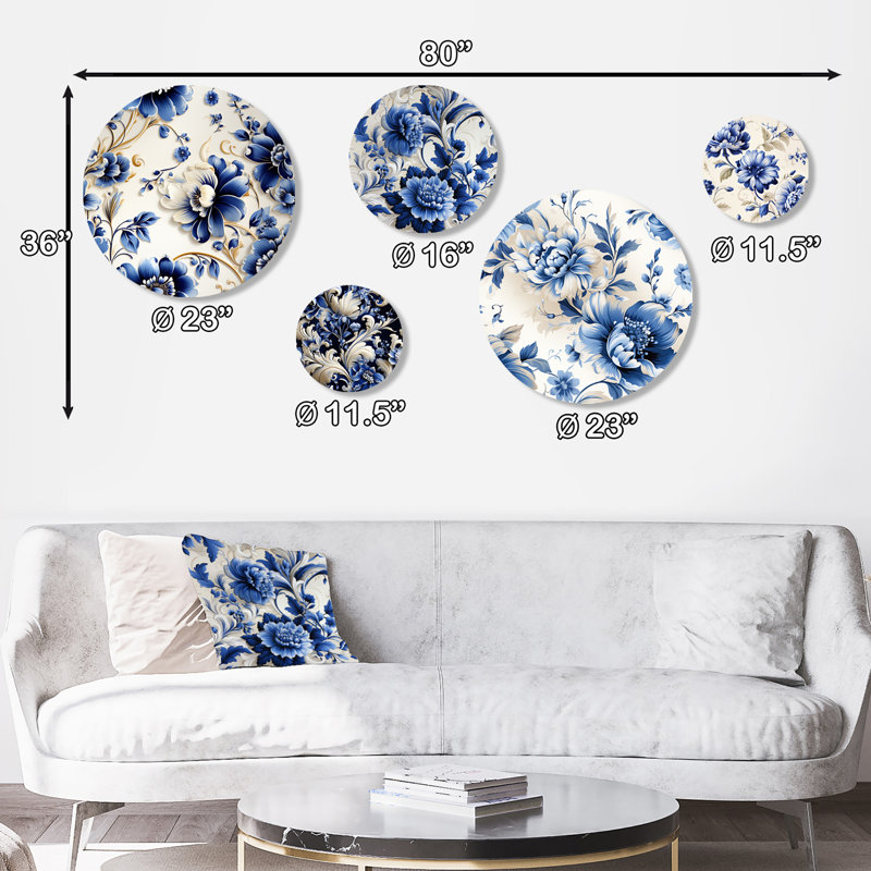 Cobalt Blue and White Floral Metal Wall Art Set of 5 Panels